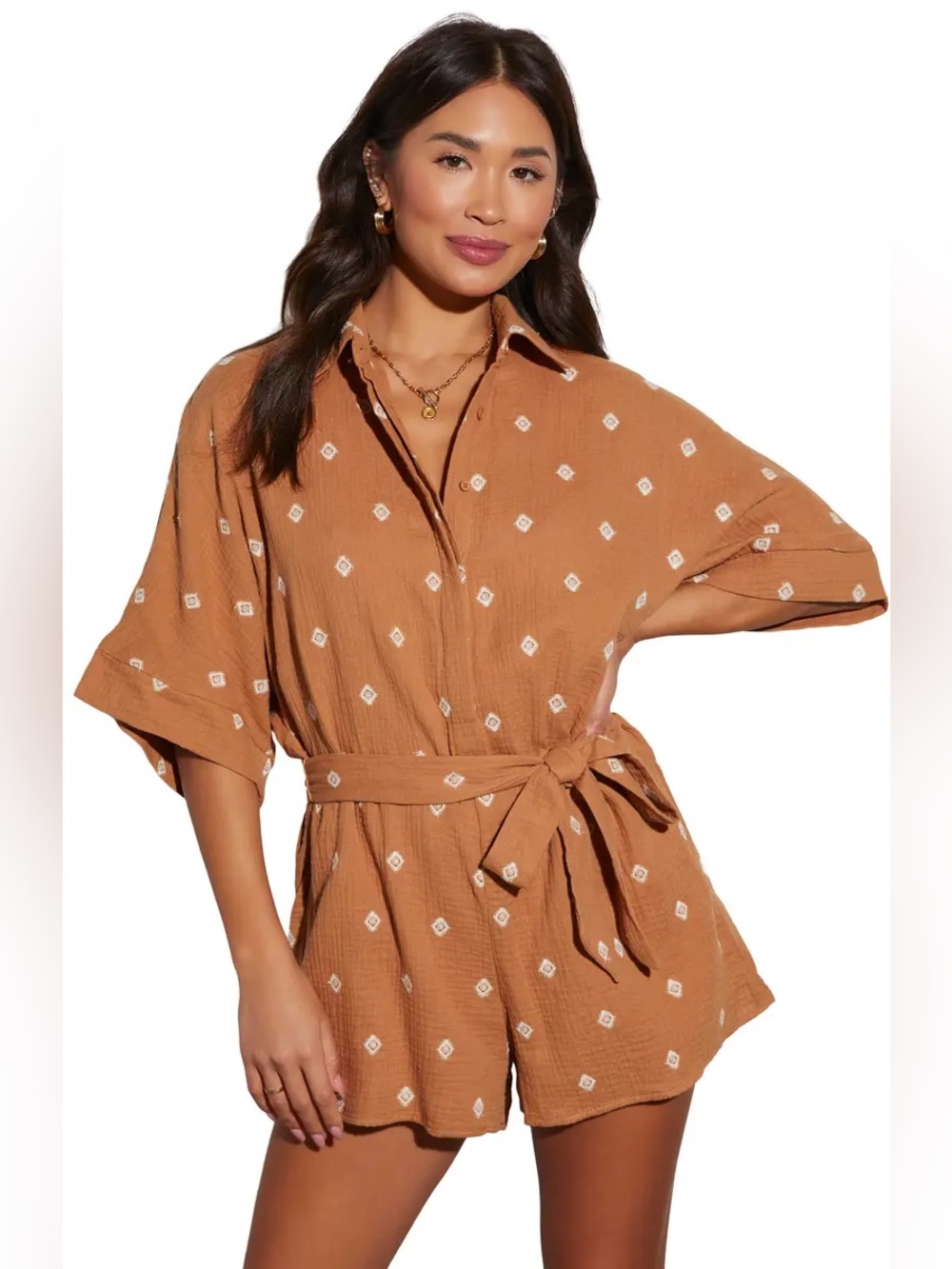 Vici Collection Fallon Tie Belt Seersucker Camel Embroidered Button-Up Romper, M